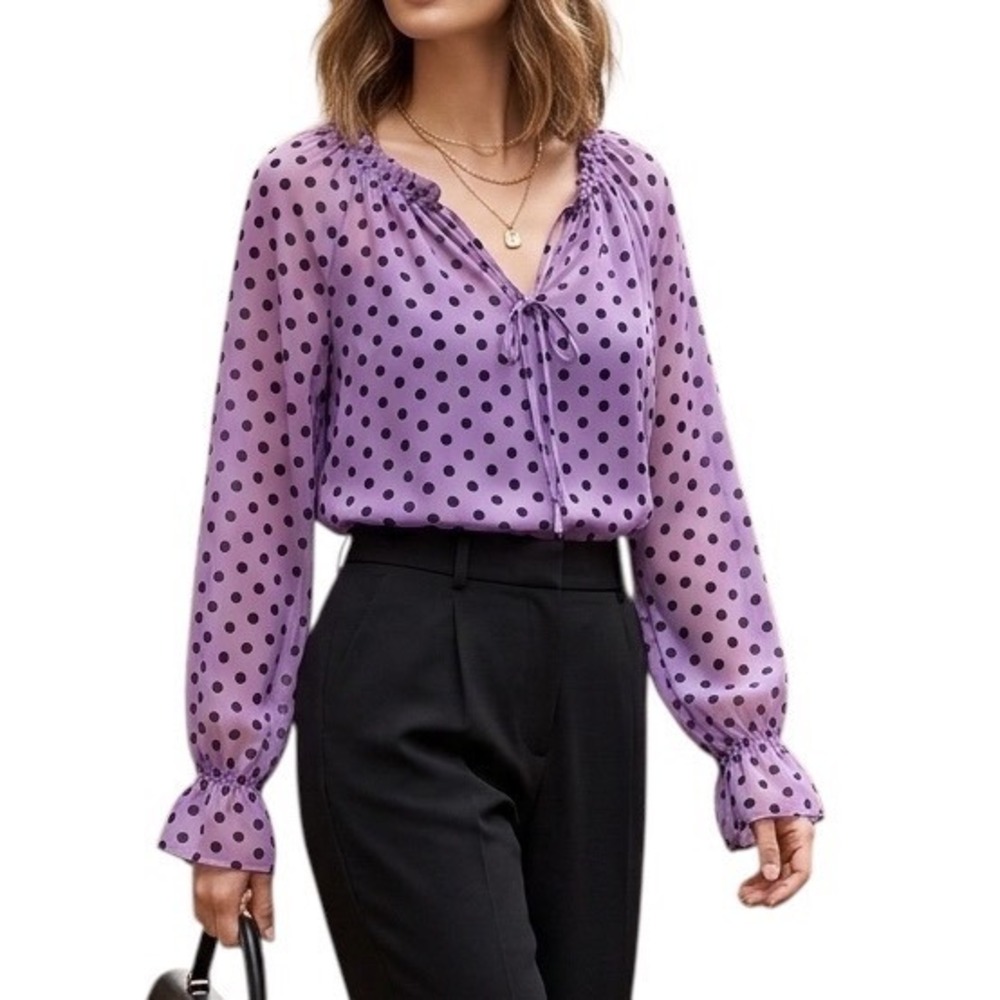 LOFT Purple Polka Dot Ruffle Tie Neck Peasant Blouse Long Sleeve Officecore  XS